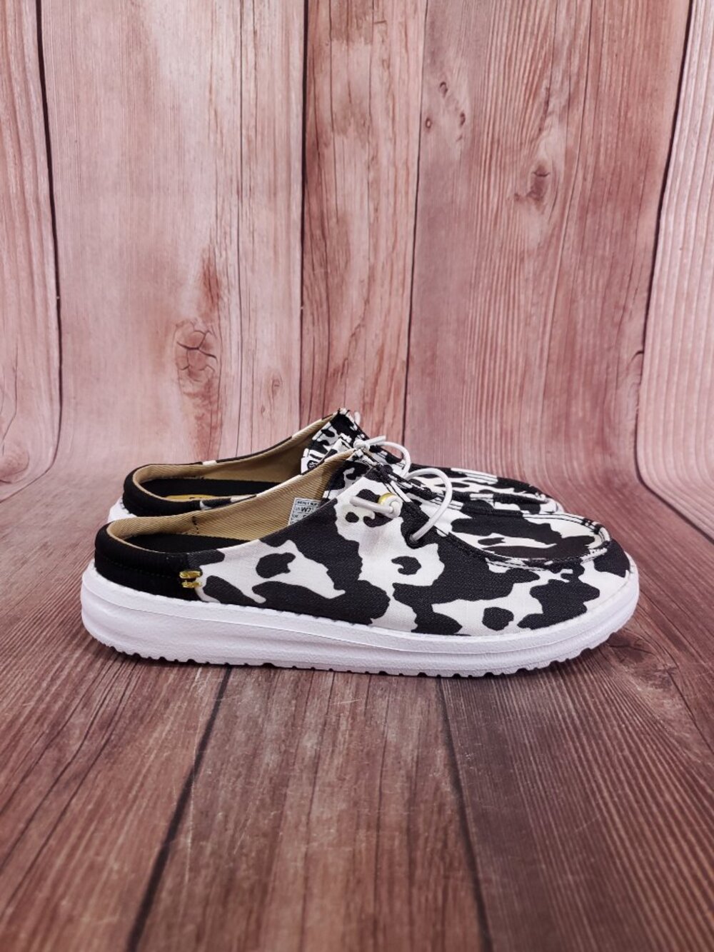 Hey Dude Womens Size 7 Wendy Slip On Classic White Black Cow Print Shoes - Picture 3 of 13